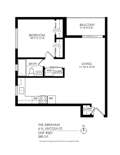 A floor plan of a one bedroom apartment with a living room and bathroom.